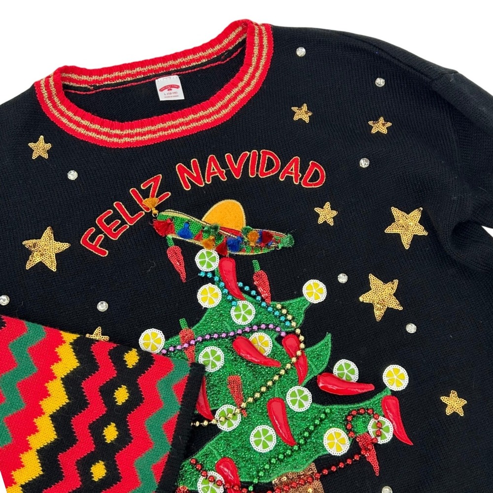 Holiday Time Feliz Navidad Ugly Christmas Sweater Sombrero Chili Pepper Black L